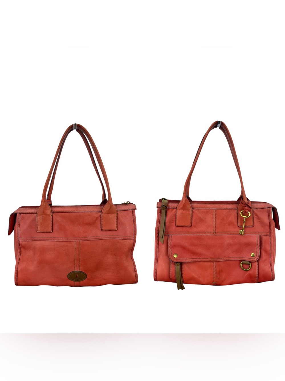 Fossil Morgan Leather Zip Top Double Strap Shoulder Bag Coral Orange | VGC